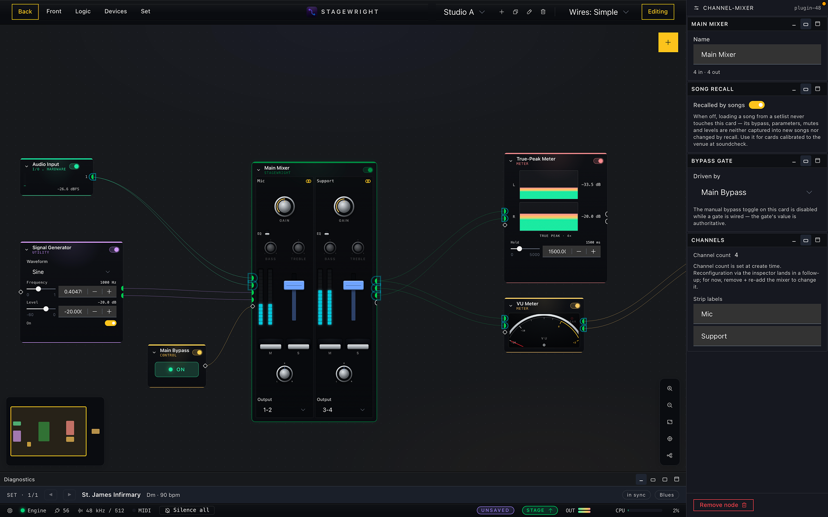 The Blueprint canvas in edit mode, with a mixer, meters, and a signal generator wired together and the card inspector open