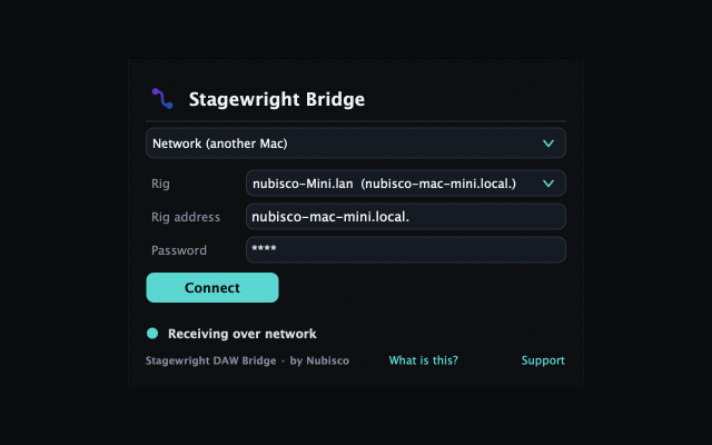 The Stagewright Bridge plugin window, connected to a rig, with its source picker listing a discovered rig by name