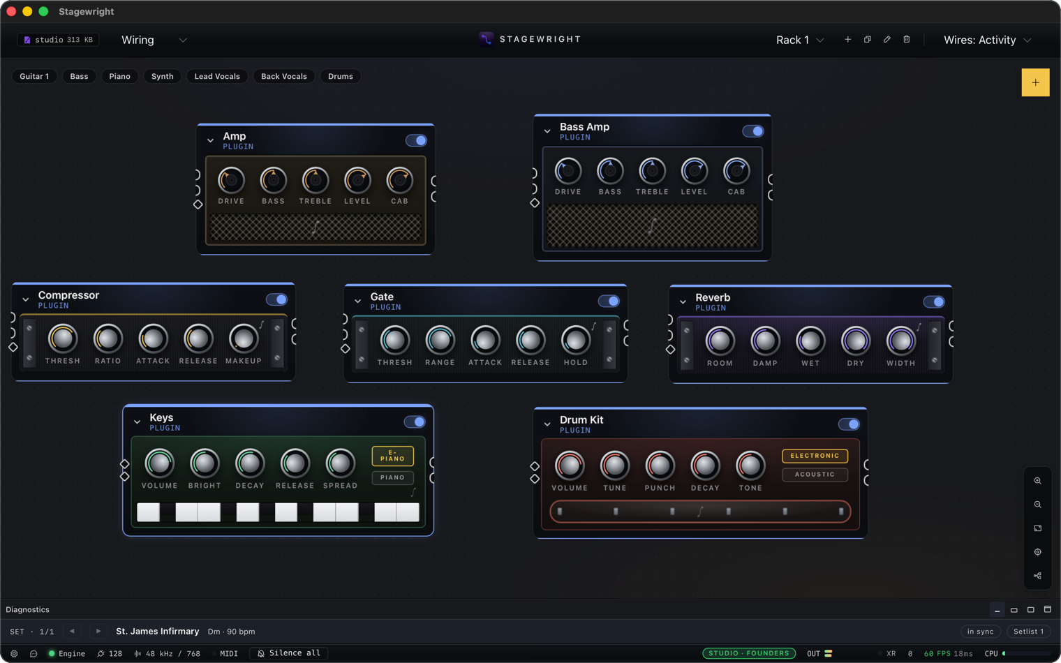 Built-in processors on the Wiring canvas, drawn as amps and rack units with live controls