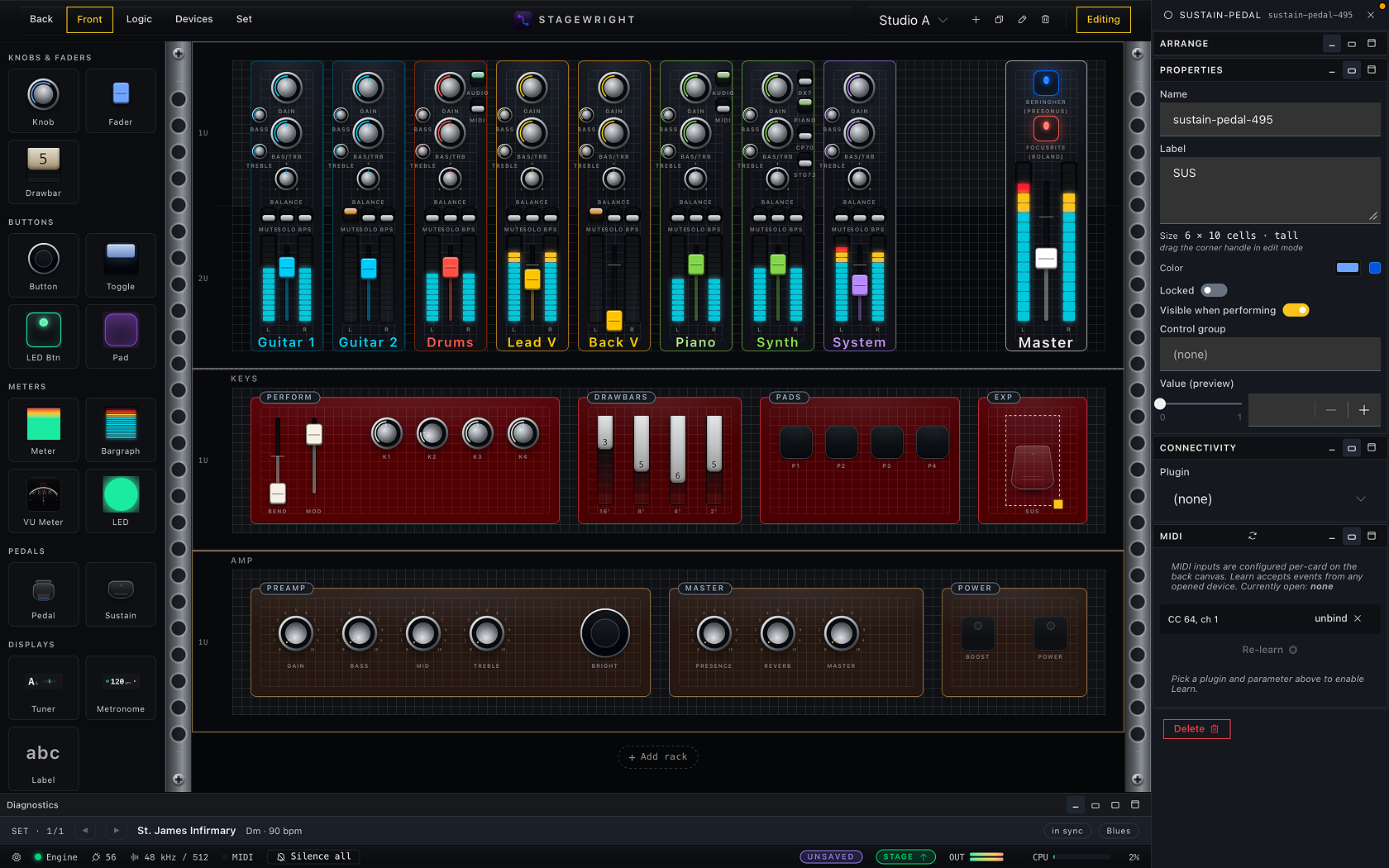 Performer view in edit mode, with the widget palette on the left and the control inspector showing a MIDI binding on the right