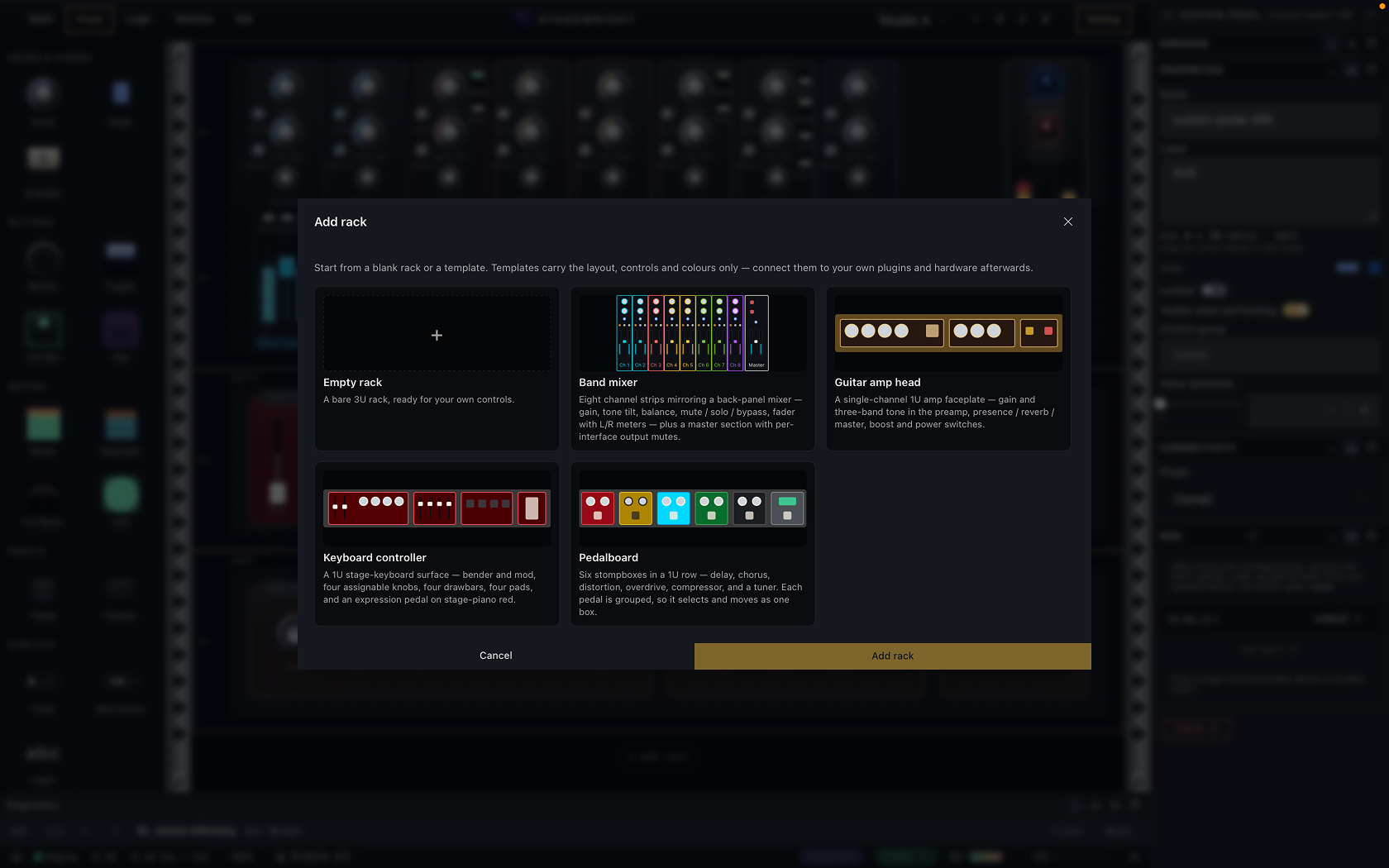 The Add rack dialog offering Band mixer, Guitar amp head, Keyboard controller, and Pedalboard templates