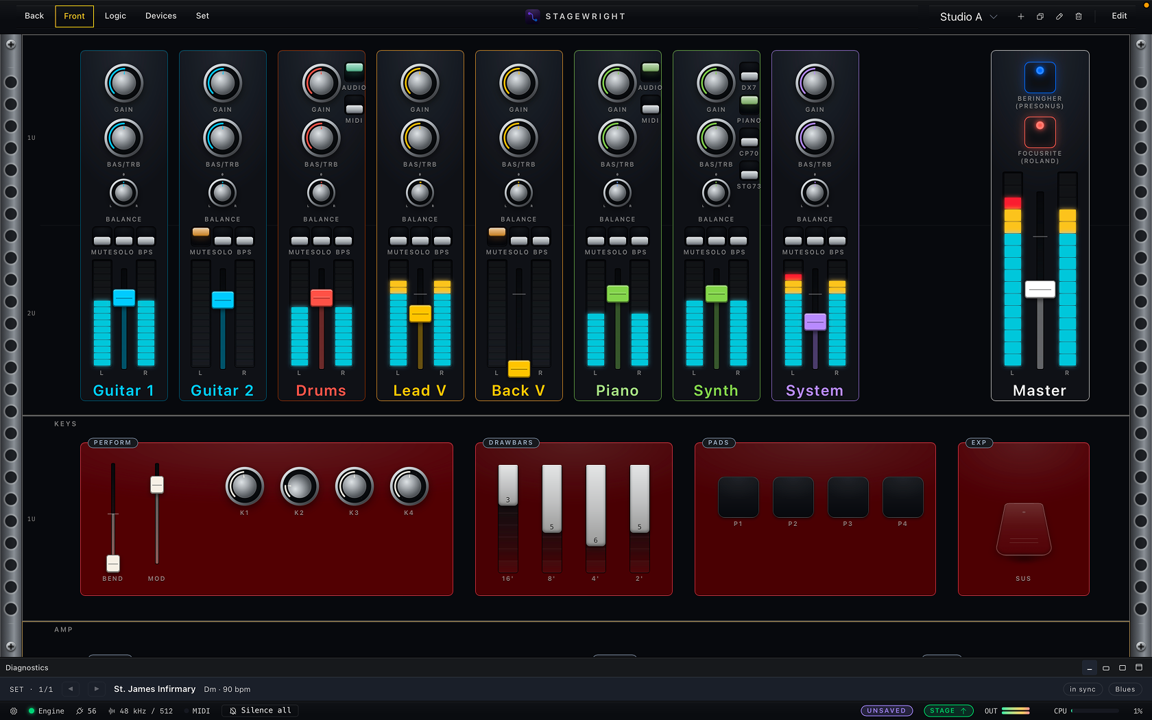 Performer view with knobs, faders, and meters laid out on a dark stage canvas