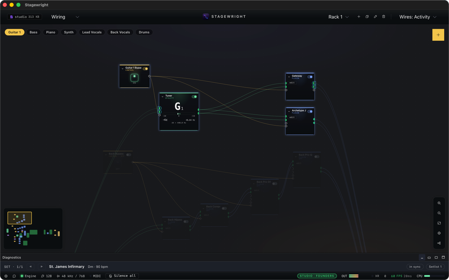 The Wiring canvas with a Guitar group chip active: the guitar signal path stays lit while the rest of the rig dims