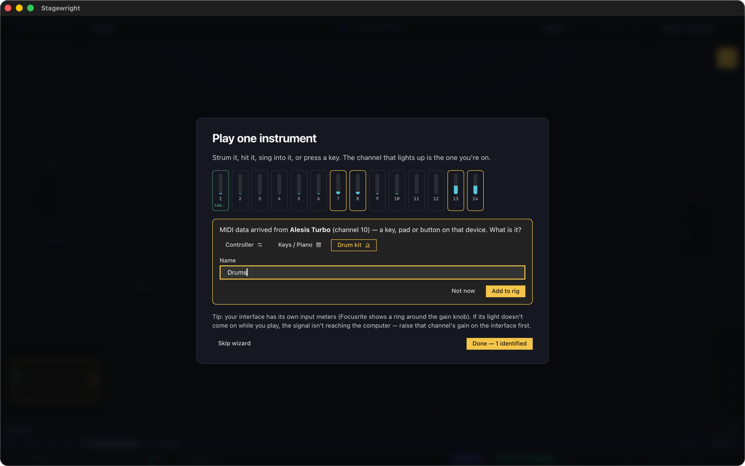 The setup wizard confirming a detected microphone channel, with its input meter alive and a name field ready