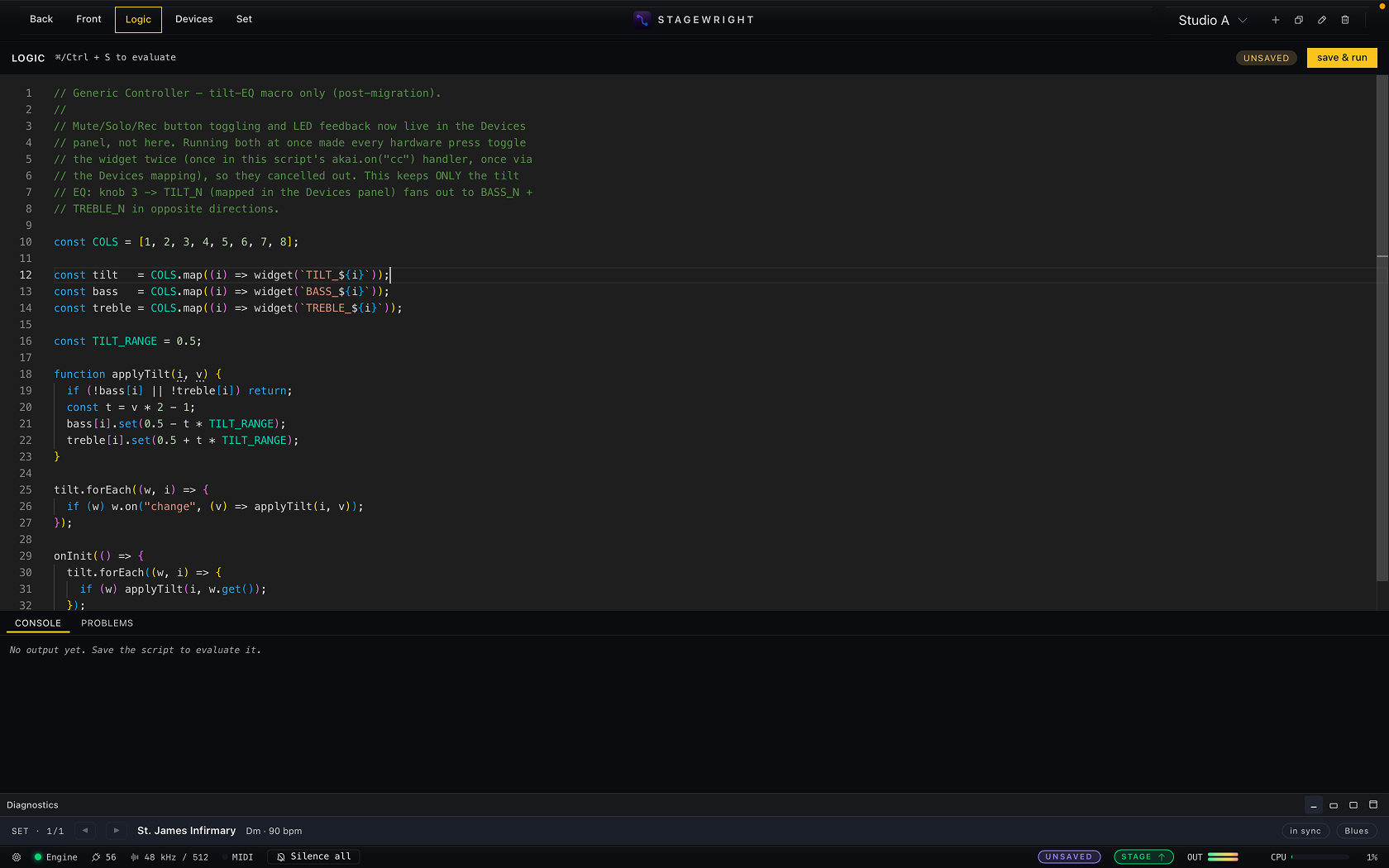 Stagewright's built-in script editor showing TypeScript hover documentation