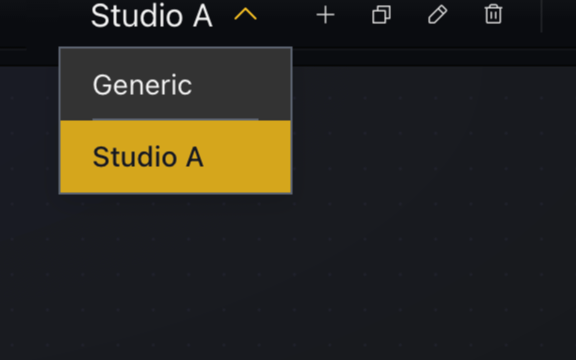 The rack selector dropdown in the topbar, listing Generic and Studio A