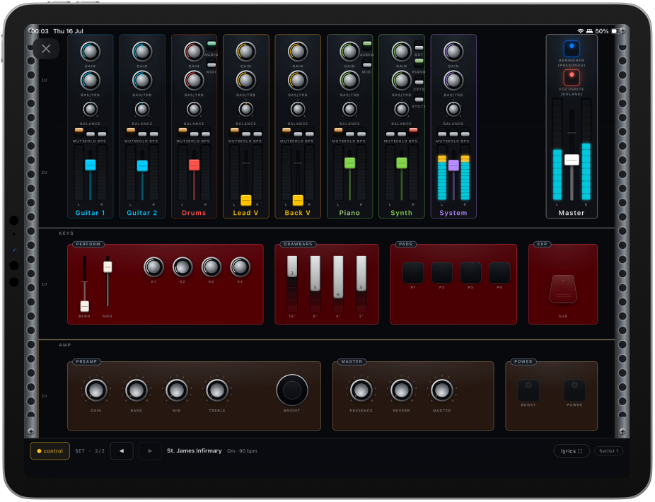 The performer front panel running full screen on an iPad, with live meters, a keys rack, and an amp rack