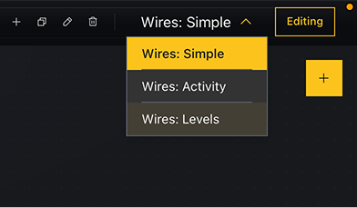 The Wires menu offering Simple, Activity, and Levels views